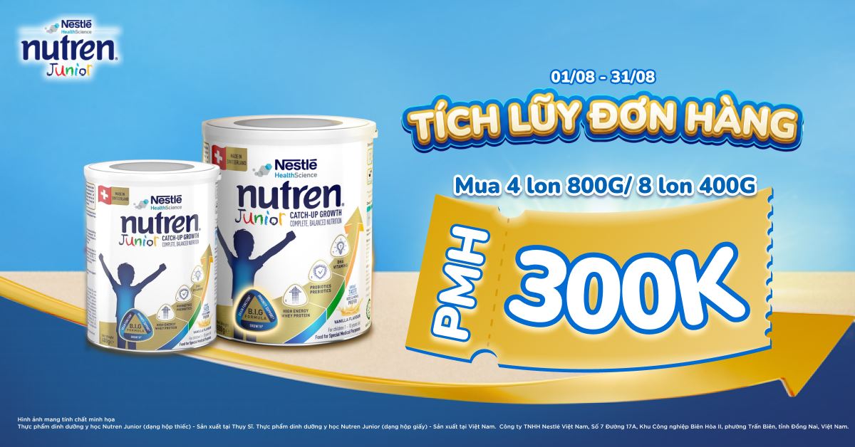 Tích lũy hóa đơn sữa Nutren Junior nhận PMH 300.000đ (01/08 - 31/08)