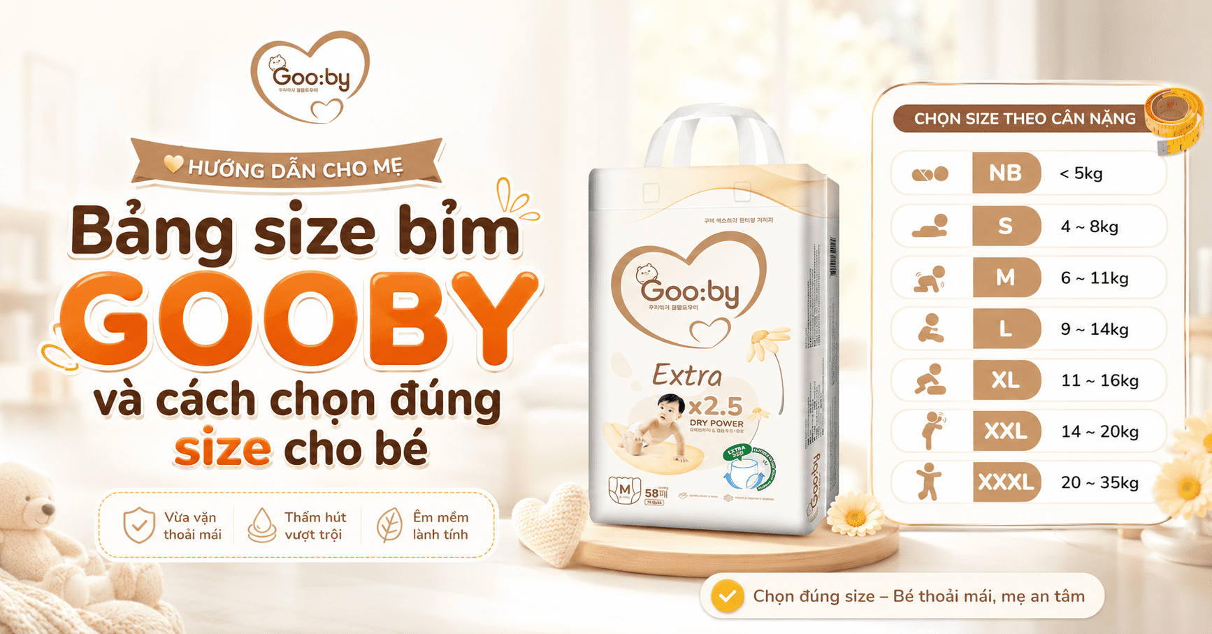 Bảng size bỉm GOOBY và cách chọn đúng size cho bé