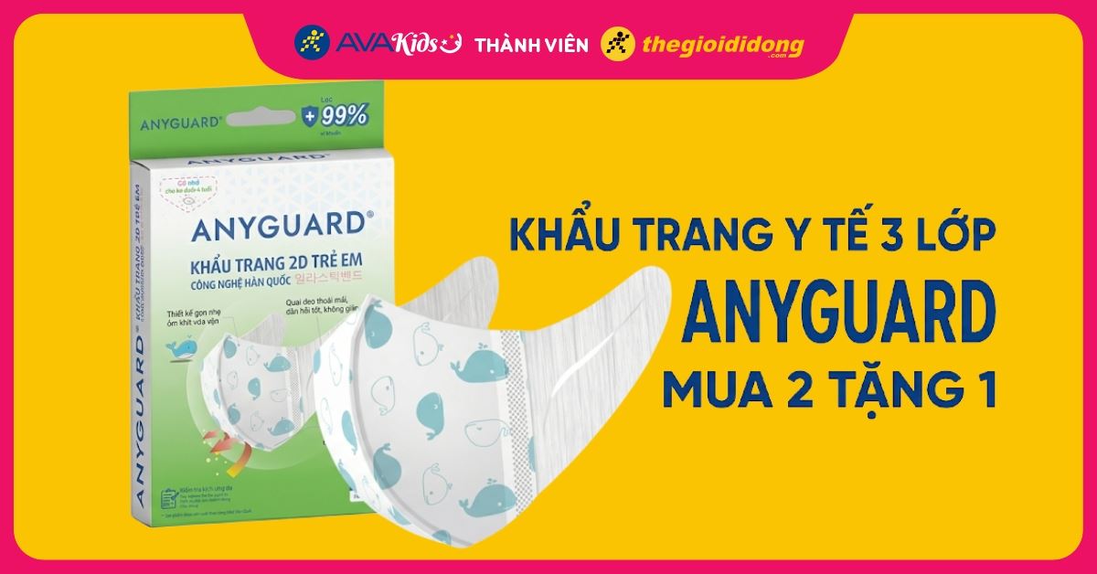 (17/3 - 31/3) Khẩu trang y tế 3 lớp Anyguard "THEO CÔNG NGHỆ HÀN QUỐC" mua 2 tặng 1 chỉ có tại AVAKids