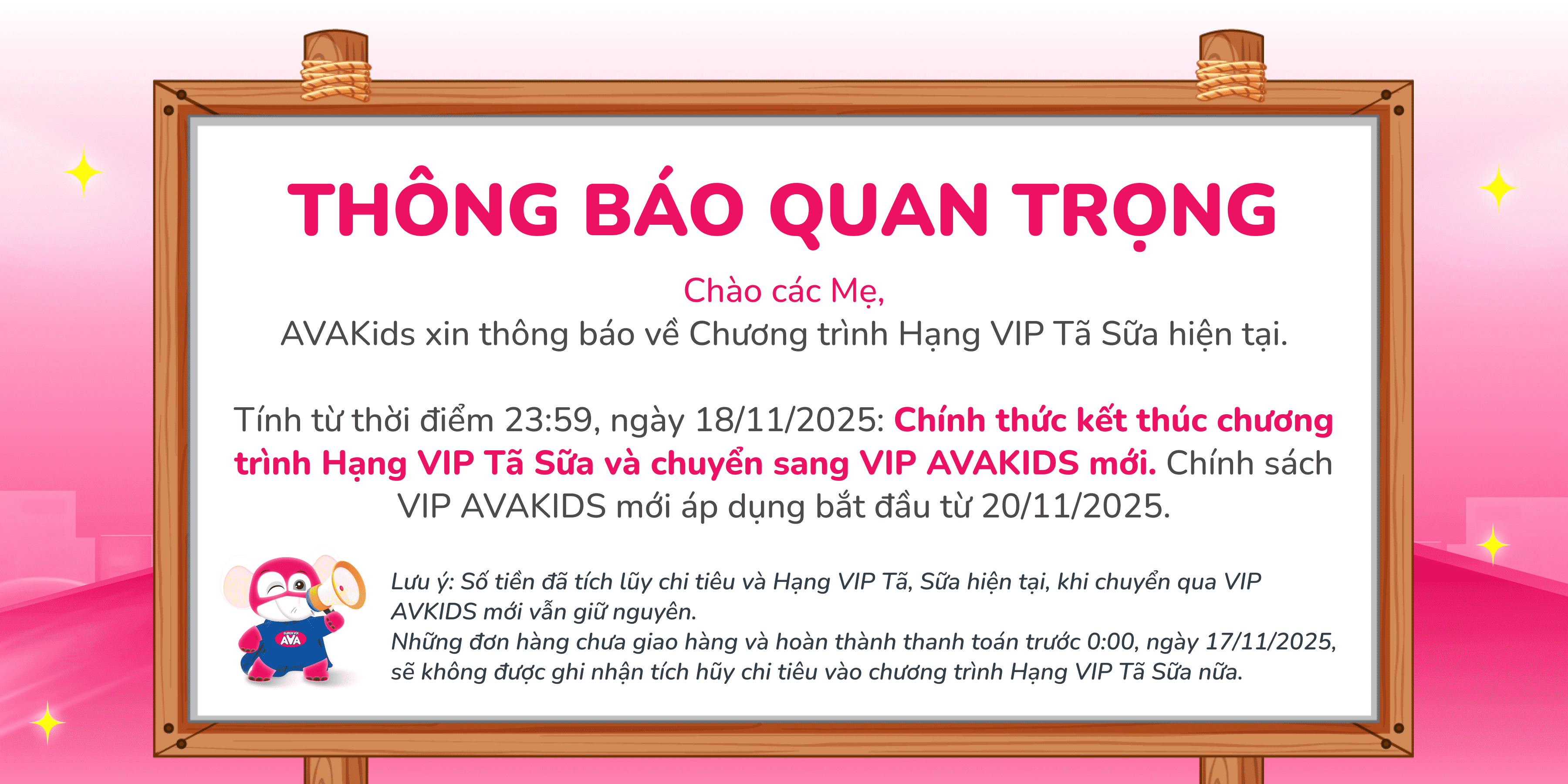 (18/11) TẠM BIỆT VIP TÃ – SỮA, CHÀO ĐÓN CHƯƠNG TRÌNH VIP AVAKIDS MỚI TOANH!