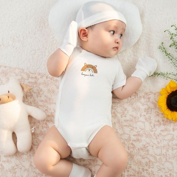 Bodysuit cho bé La Pomme gấu con trắng cộc, cài chéo - AVAKids.com
