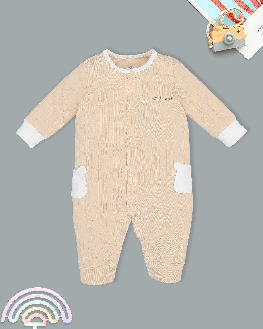 Bodysuit cài giữa gấu con ngộ nghĩnh La Pomme màu be - trắng 5