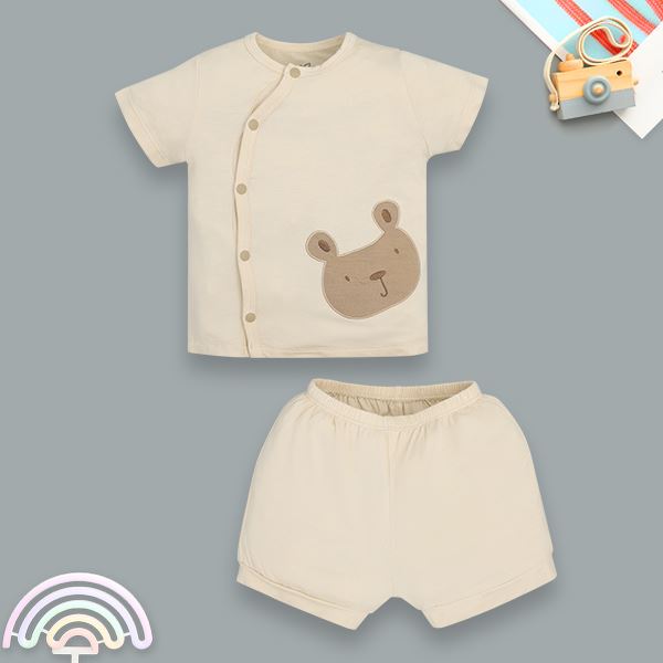 Bộ tay ngắn cài chéo gấu nâu ấn tượng La Pomme màu be - AVAKids.com