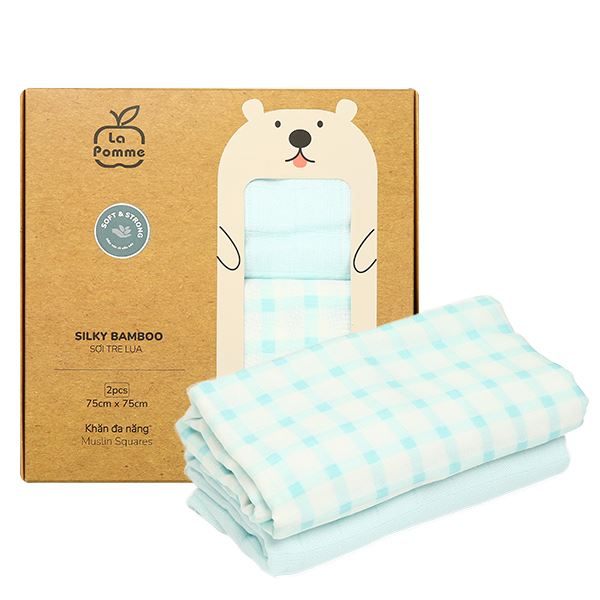 Set 2 cái khăn sữa sợi tre La Pomme 3 lớp 75x75 cm - Kẻ trắng xanh mềm mại - AVAKids.com