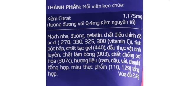 Thành phần kẹo dẻo Ích Nhi bổ sung vitamin C và kẽm gói 24g (từ 2 tuổi) - Giao bao bì ngẫu nhiên