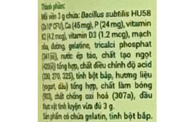 Kẹo dẻo Huro Probiotics Tall hỗ trợ hấp thu canxi, phát triển chiều cao hương sữa chua, dâu, 168g dạng viên (từ 2 tuổi) - Thành phần