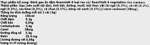 Thành phần bánh gạo ăn dặm BeanStalk vị 6 loại rau củ hộp 20g (từ 6 tháng)