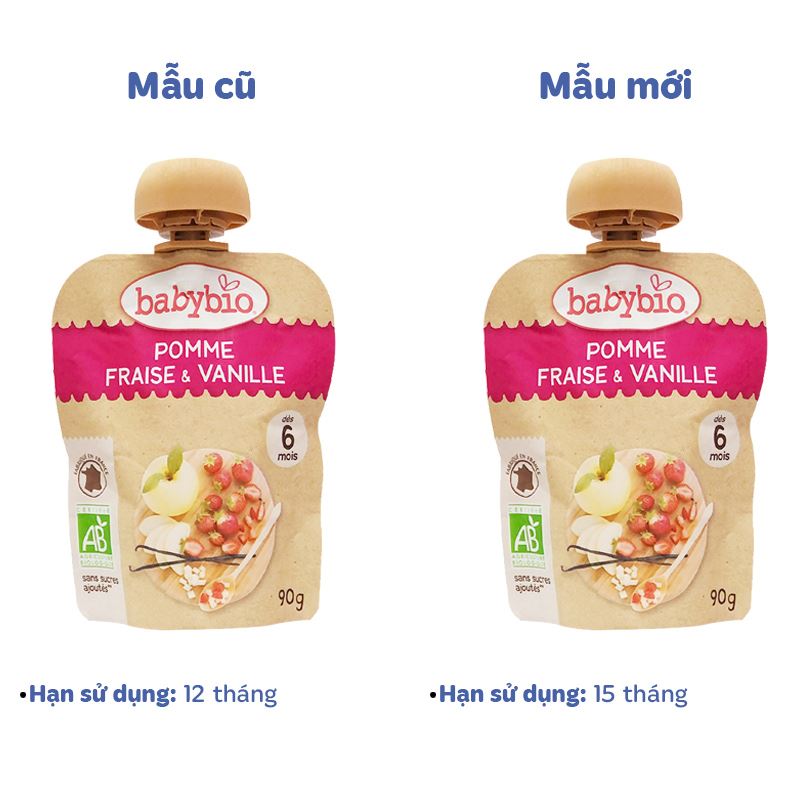 Trái cây nghiền Babybio táo, mâm xôi túi 90g (từ 6 tháng) - Giao bao bì ngẫu nhiên 6