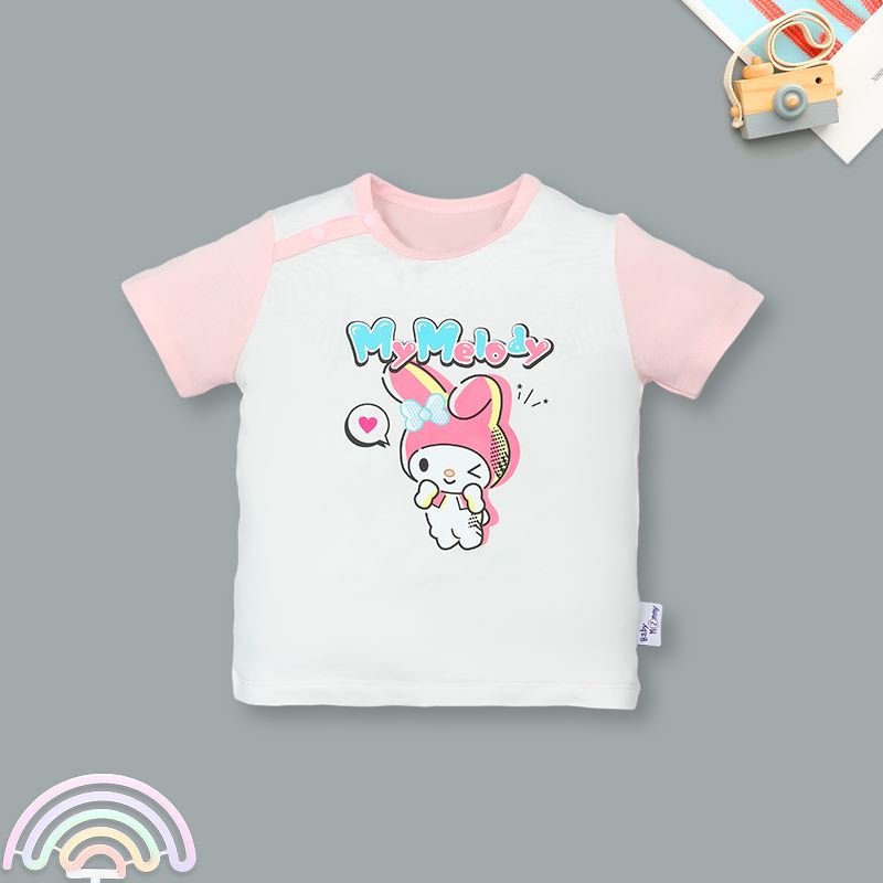 Bộ tay ngắn bé gái BabyMommy cài vai in hoạt hình màu hồng - trắng