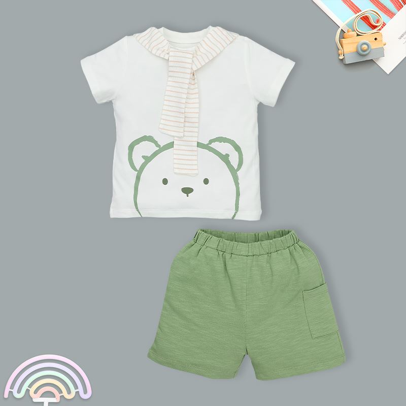Bộ tay ngắn bé trai La Pomme Funny Baby màu xanh rêu - trắng
