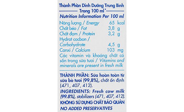 Thành phần dinh dưỡng sữa tươi vị tự nhiên Dalat Milk 180 ml