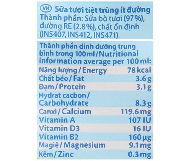 Thành phần lốc 4 hộp sữa tươi tiệt trùng Oldenburger ít đường 180 ml (từ 1 tuổi)