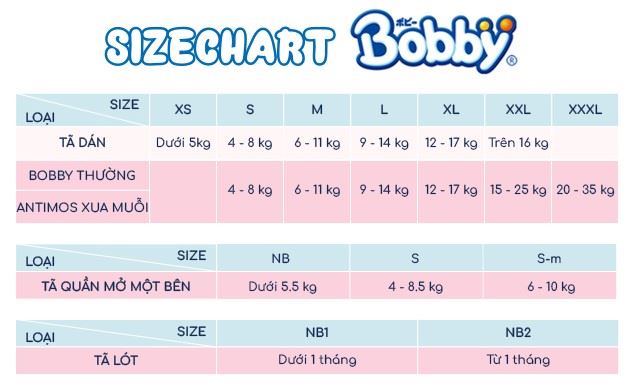 Tã quần Bobby size L 70 miếng (9 - 14 kg) - Giao bao bì ngẫu nhiên - Sizechart