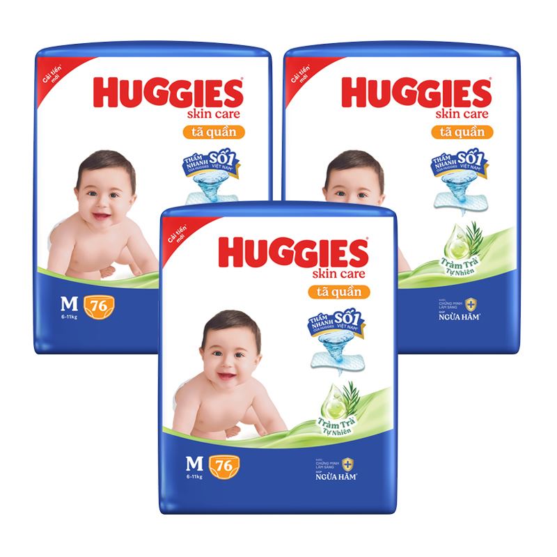Combo 3 tã quần Huggies Skincare cực đại size M 76 miếng (6 - 11 kg) - Giao bao bì ngẫu nhiên