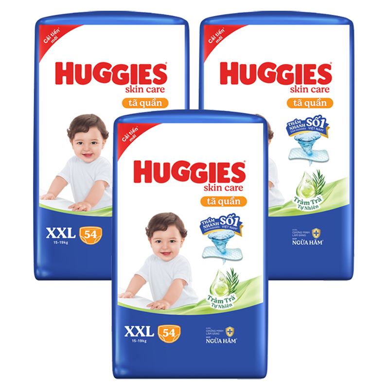 Combo 3 tã quần Huggies Skincare cực đại size XXL 54 miếng (15 - 19 kg) - Giao bao bì ngẫu nhiên