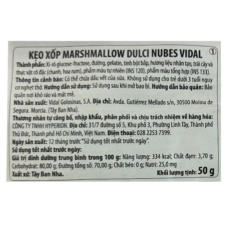Kẹo xốp marshmallow Vidal Dulci Nubes hương chanh, hoa rum gói 50g (từ 3 tuổi) 3