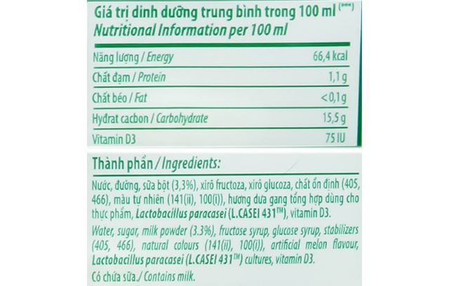 Thành phần dinh dưỡng sữa chua uống Probi vị dưa ngang