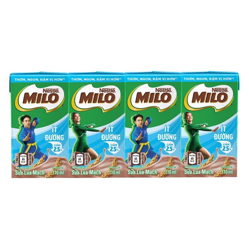 Lốc 4 hộp thức uống lúa mạch Nestlé Milo ít đường 110 ml (từ 2 tuổi)