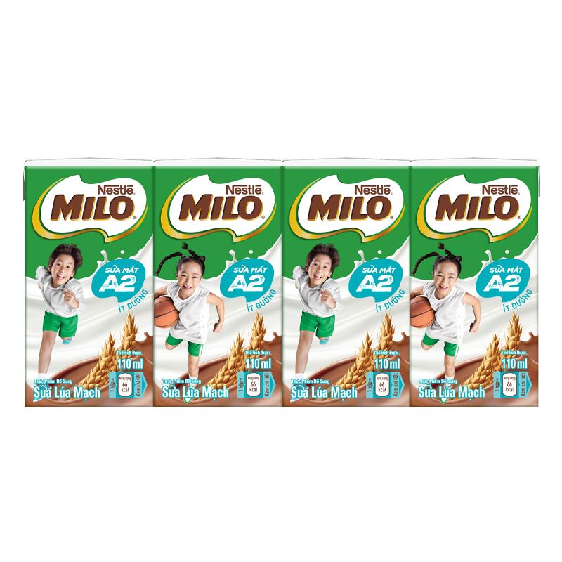 Lốc 4 hộp thức uống lúa mạch Nestlé Milo A2 ít đường 110 ml (từ 2 tuổi)