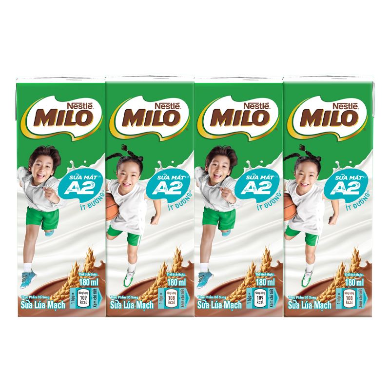 Lốc 4 hộp thức uống lúa mạch Nestlé Milo A2 ít đường 180 ml (từ 2 tuổi)