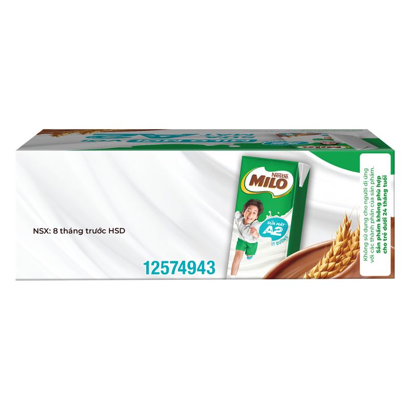 Thùng 48 hộp thức uống lúa mạch Nestlé Milo A2 ít đường 180 ml (từ 2 tuổi)