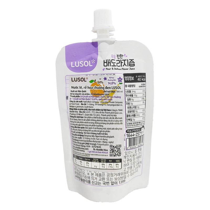 Nước trái cây Lusol vị lê, rễ hoa chuông đen 100 ml (từ 6 tháng)