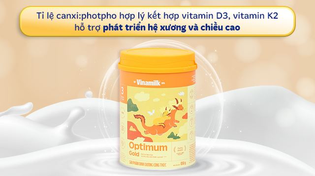Sữa bột Optimum Gold số 3 850g (1 - 2 tuổi) - Tỷ lệ Ca:P hợp lý kết hợp cùng vitamin D3 và K2 hỗ trợ phát triển chiều cao cho bé