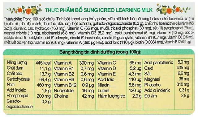 Thành phần dinh dưỡng sữa bột Glico Icreo số 3 820g (từ 3 tuổi)