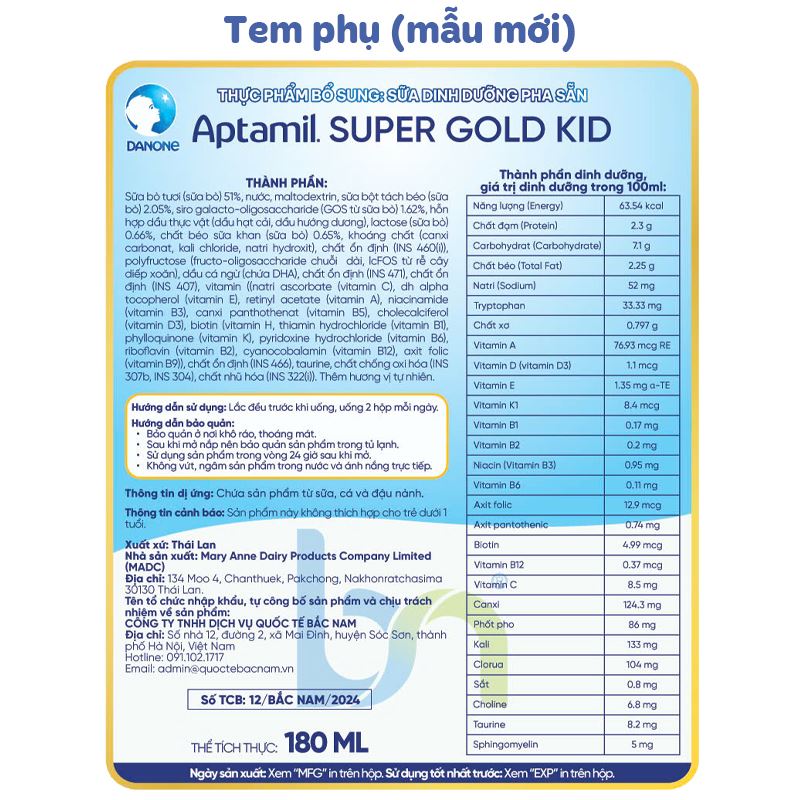 Lốc 3 hộp sữa pha sẵn Aptamil Super Gold Kid 180 ml (từ 1 tuổi) - Giao bao bì ngẫu nhiên 10