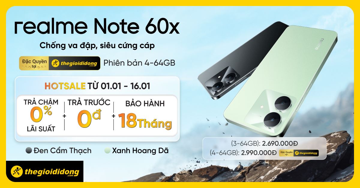 realme Note 60x 4GB/64GB giá rẻ, mua trả chậm 0%, BH 18 tháng