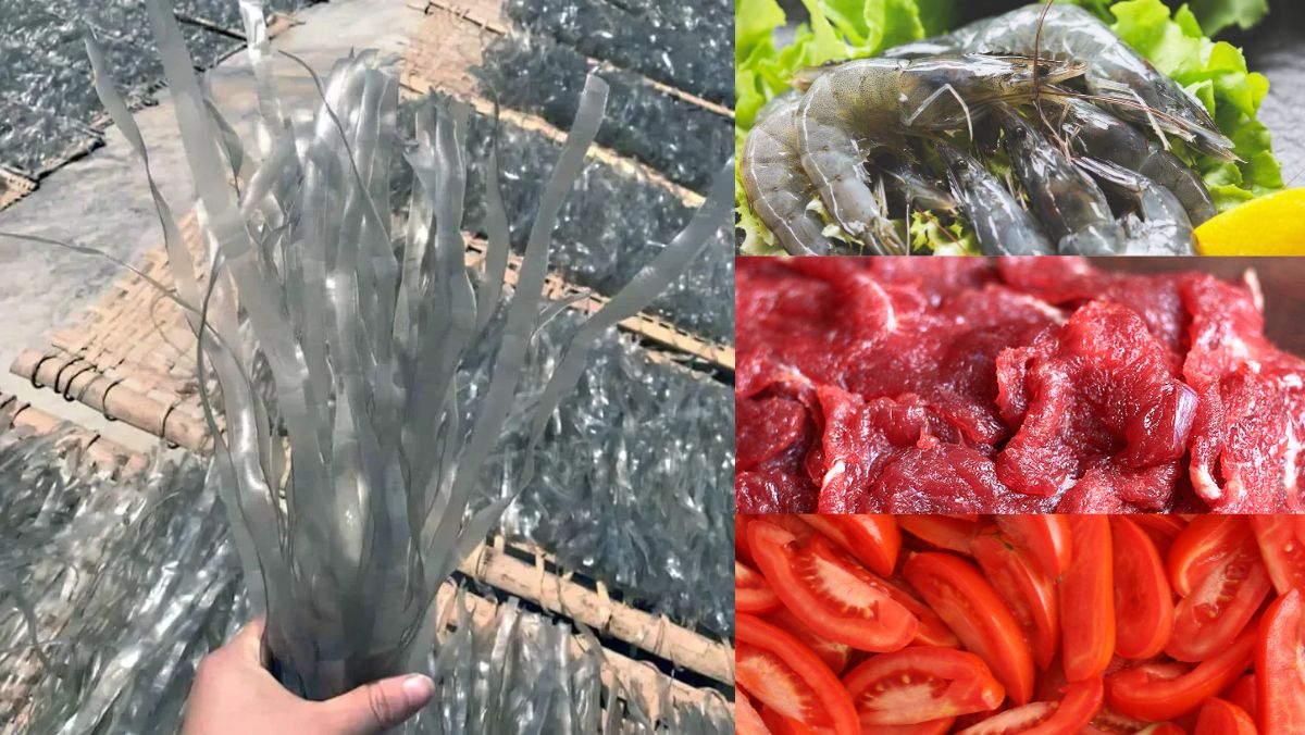 Miến dong sợi to nấu tôm tươi và thịt bò