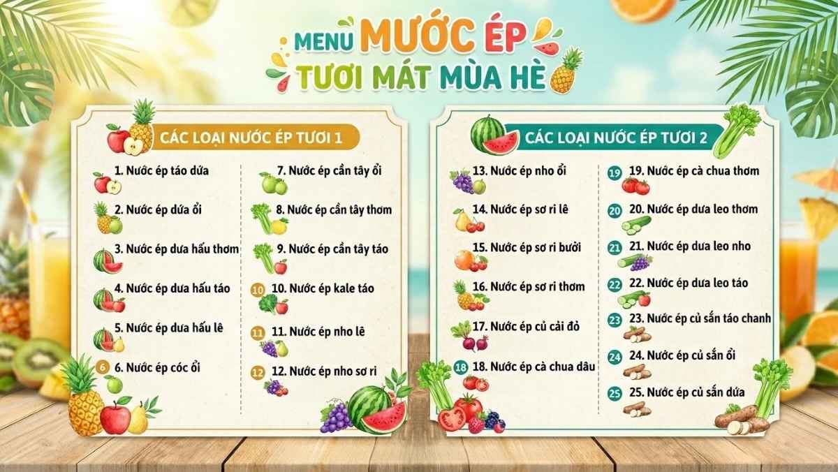 menu các loại nước ép trái cây mix