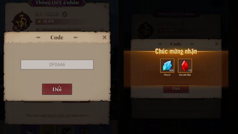 Nhập code v&agrave; bấm chữ Đổi.