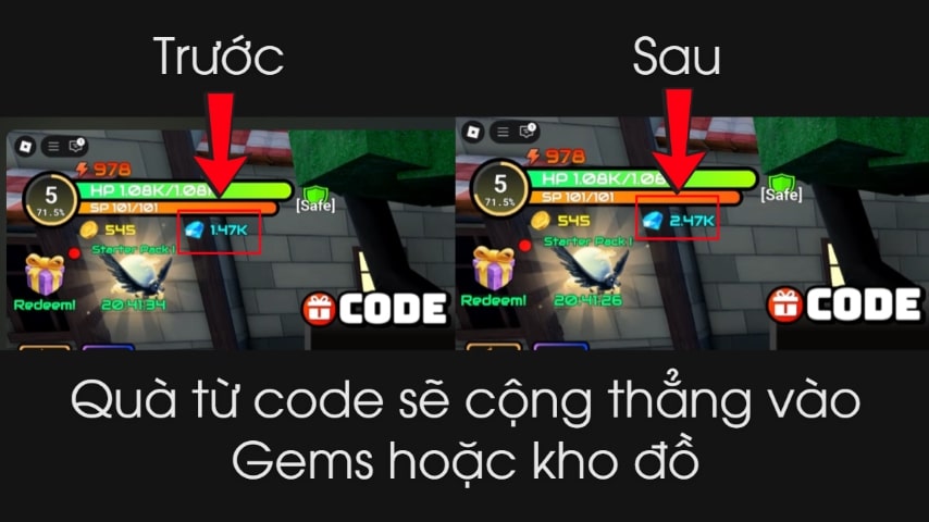 Nếu code đ&uacute;ng v&agrave; c&ograve;n hạn th&igrave; qu&agrave; từ code sẽ được chuyển thẳng v&agrave;o Gems hoặc kho đồ.