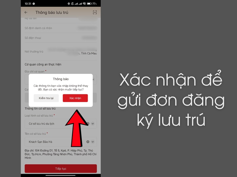 Chọn X&aacute;c nhận để ho&agrave;n thiện qu&aacute; tr&igrave;nh gửi đăng k&yacute; tạm tr&uacute;