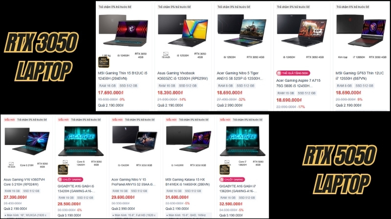 Gi&aacute; cả v&agrave; độ phổ biến giữa RTX 5050 Laptop v&agrave; RTX 3050 Laptop
