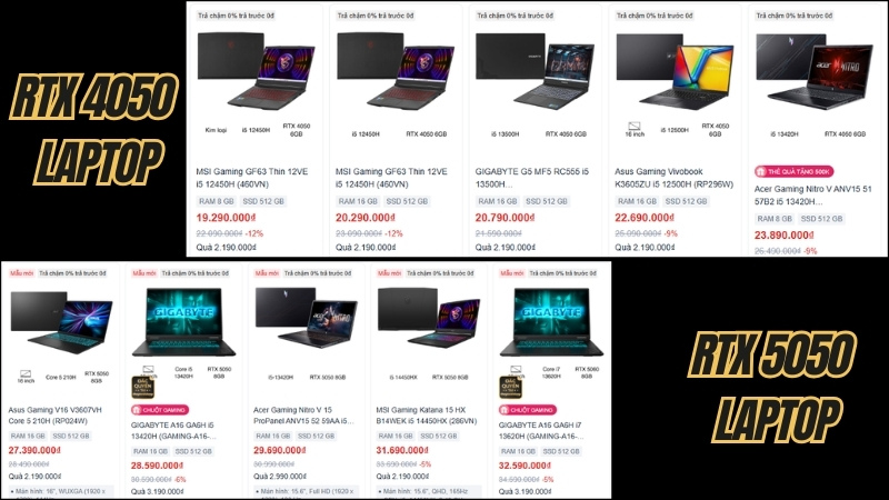 Gi&aacute; cả v&agrave; độ phổ biến giữa RTX 5050 Laptop v&agrave; RTX 4050 Laptop