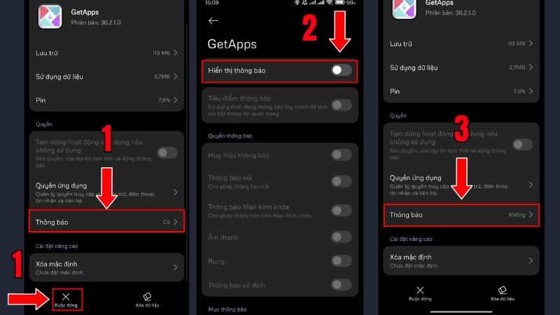 Bấm vào Buộc dừng và bấm vào Thông báo Bấm vào Buộc dừng và bấm vào Thông báo
