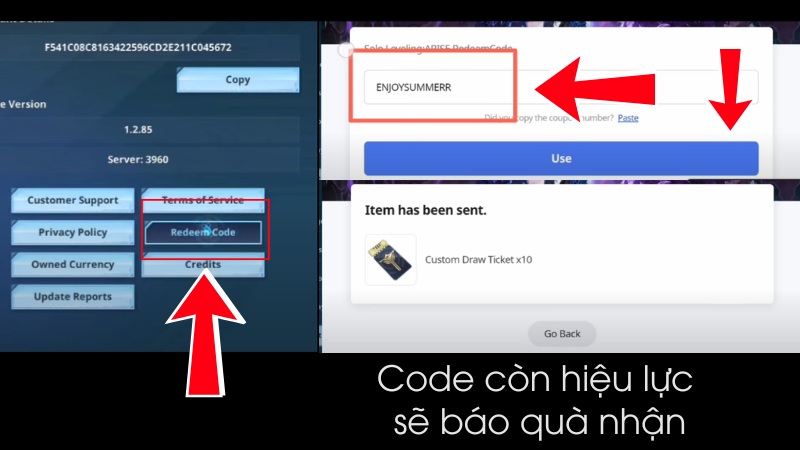  Sau đ&oacute; nhập code v&agrave; bấm Use để nhận qu&agrave;