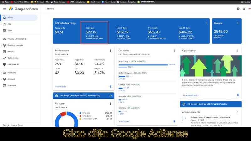 Giao diện Google AdSense 