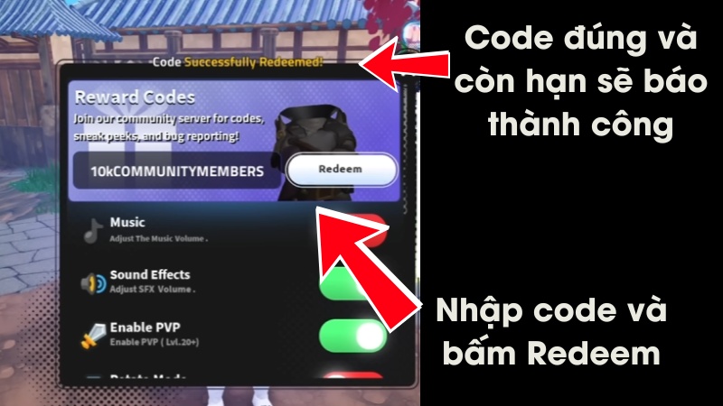 Nhập code v&agrave;o &ocirc; v&agrave; bấm Redeem