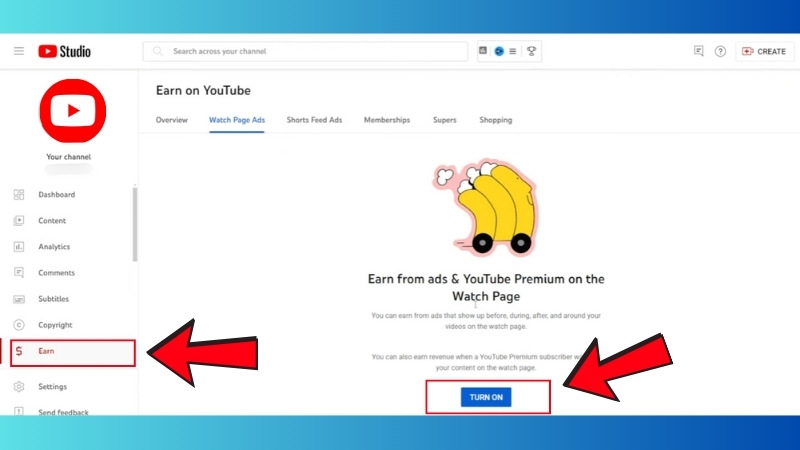 Chọn mục &ldquo;Kiếm tiền&rdquo; v&agrave; bấm v&agrave;o n&uacute;t Turn On