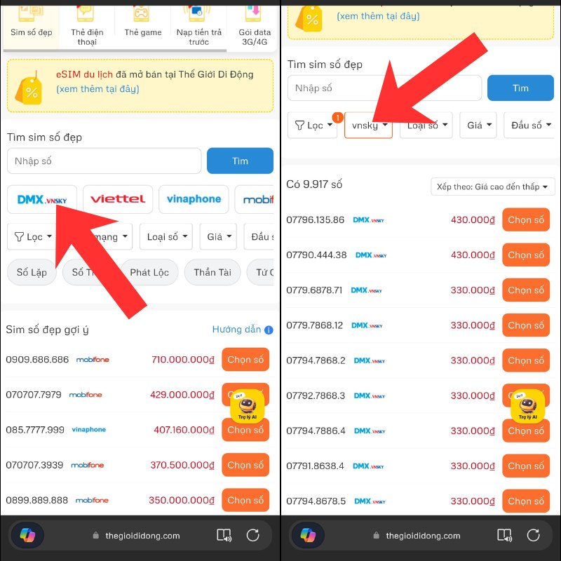 V&agrave;o trang Sim số đẹp tr&ecirc;n Thế Giới Di Động. Chọn v&agrave;o DMX.Vnsky