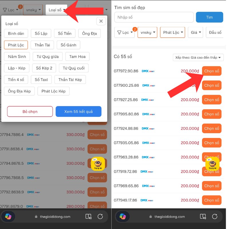 Sử dụng c&aacute;c bộ lọc c&oacute; sẵn để chọn số như mong muốn như chọn Loại số, Gi&aacute; v&agrave; Đầu số