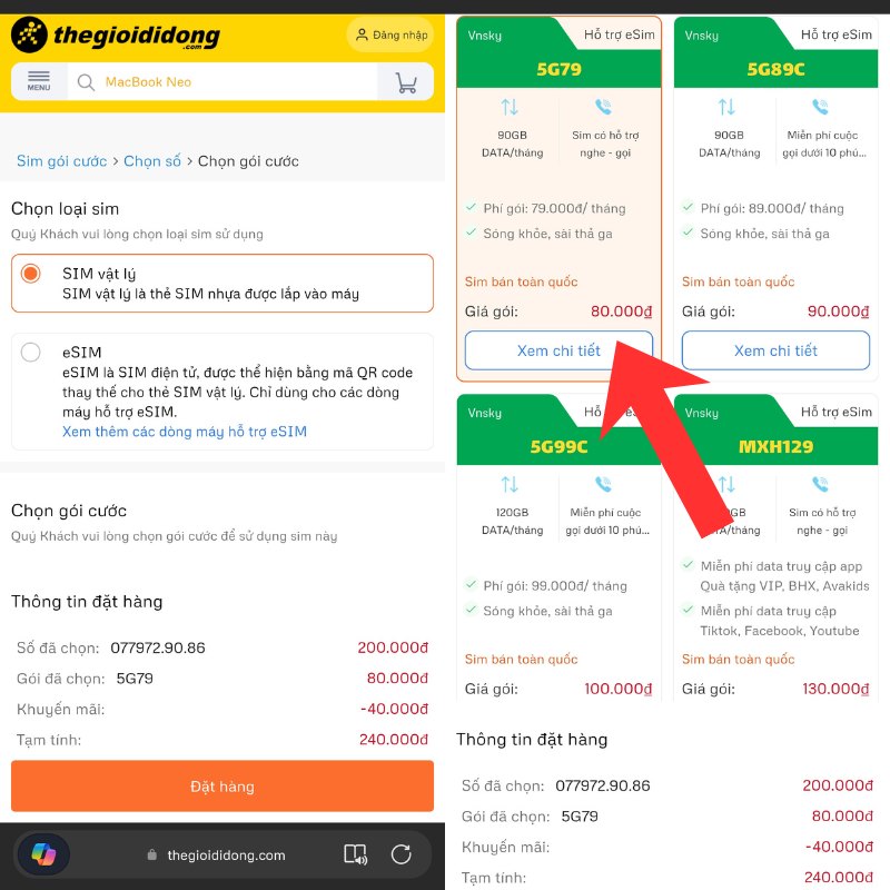 Chọn loại sim vật l&yacute; hoặc Esim & chọn g&oacute;i cước ph&ugrave; hợp với nhu cầu bản th&acirc;n