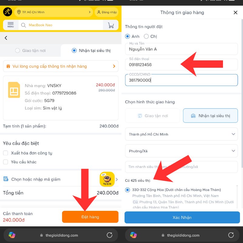 Chọn si&ecirc;u thị nhận h&agrave;ng v&agrave; nhập th&ocirc;ng tin người đặt 
