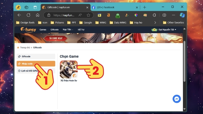 Chọn Nhập giftcode > Chọn game 3Q Triệu Ho&aacute;n Sư