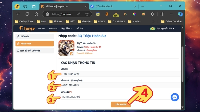 Chọn Server, nh&acirc;n vật v&agrave; tiến h&agrave;nh nhập code