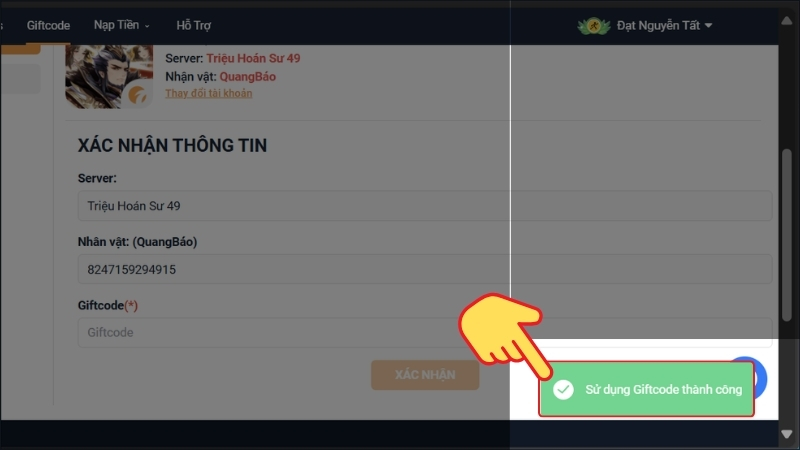 Sử dụng Giftcode th&agrave;nh c&ocirc;ng