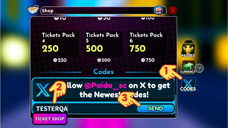 Chọn Codes > Nhập code > Bấm Send để nhận qu&agrave;.